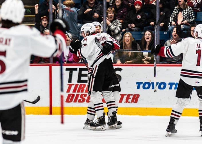 GUELPH, ON – DEC. 9, 2022: Jett Luchanko celebrates a game-winning goal scored against the Owen Sound Attack at the Sleeman Centre.